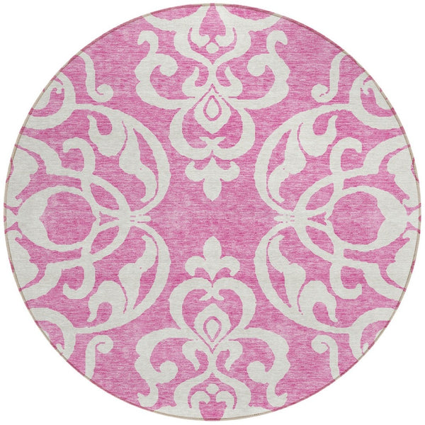 HomeRoots 5' Elegant Blush and Ivory Damask Area Rug - Stylish, Durable, Washable for Indoor and Outdoor Use 8' Round 614415