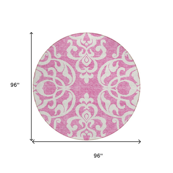 HomeRoots 5' Elegant Blush and Ivory Damask Area Rug - Stylish, Durable, Washable for Indoor and Outdoor Use 8' Round 614415