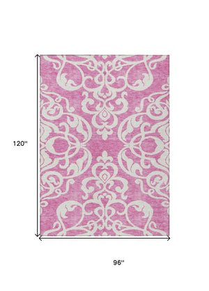 HomeRoots 5' Elegant Blush and Ivory Damask Area Rug - Stylish, Durable, Washable for Indoor and Outdoor Use 8' X 10' 614416