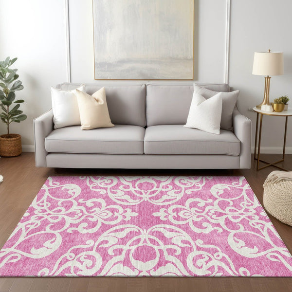 HomeRoots 5' Elegant Blush and Ivory Damask Area Rug - Stylish, Durable, Washable for Indoor and Outdoor Use 8' X 10' 614416