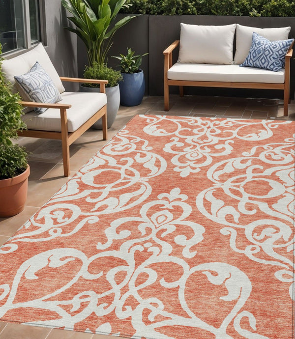 HomeRoots 5' Timeless Coral and Ivory Damask Area Rug – Washable, Durable Elegance for Indoor and Outdoor Spaces 5' X 8' 614420