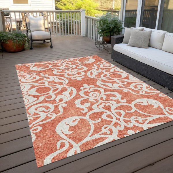 HomeRoots 5' Timeless Coral and Ivory Damask Area Rug – Washable, Durable Elegance for Indoor and Outdoor Spaces 5' X 8' 614420