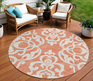 HomeRoots 5' Timeless Coral and Ivory Damask Area Rug – Washable, Durable Elegance for Indoor and Outdoor Spaces 8' Round 614421