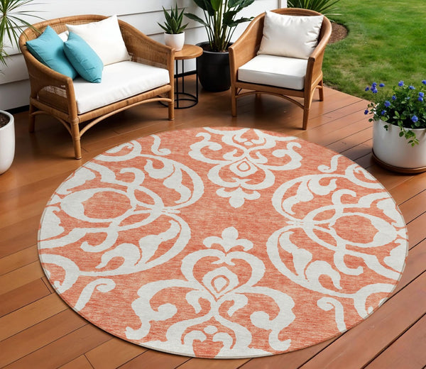 HomeRoots 5' Timeless Coral and Ivory Damask Area Rug – Washable, Durable Elegance for Indoor and Outdoor Spaces 8' Round 614421