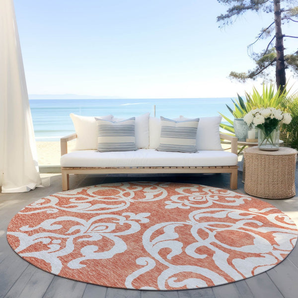 HomeRoots 5' Timeless Coral and Ivory Damask Area Rug – Washable, Durable Elegance for Indoor and Outdoor Spaces 8' Round 614421