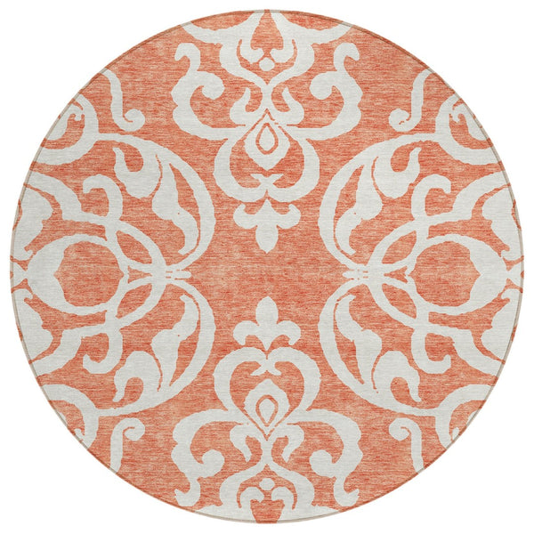 HomeRoots 5' Timeless Coral and Ivory Damask Area Rug – Washable, Durable Elegance for Indoor and Outdoor Spaces 8' Round 614421