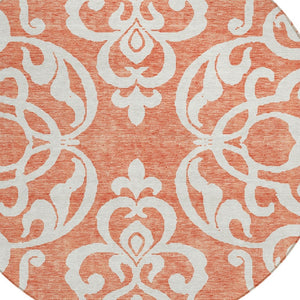 HomeRoots 5' Timeless Coral and Ivory Damask Area Rug – Washable, Durable Elegance for Indoor and Outdoor Spaces 8' Round 614421