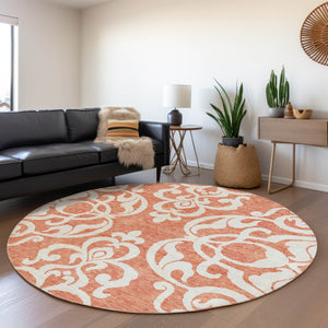 HomeRoots 5' Timeless Coral and Ivory Damask Area Rug – Washable, Durable Elegance for Indoor and Outdoor Spaces 8' Round 614421