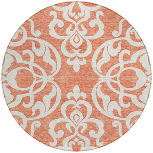 HomeRoots 5' Timeless Coral and Ivory Damask Area Rug – Washable, Durable Elegance for Indoor and Outdoor Spaces 8' Round 614421