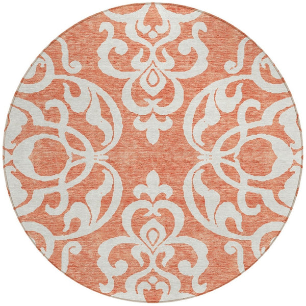 HomeRoots 5' Timeless Coral and Ivory Damask Area Rug – Washable, Durable Elegance for Indoor and Outdoor Spaces 8' Round 614421