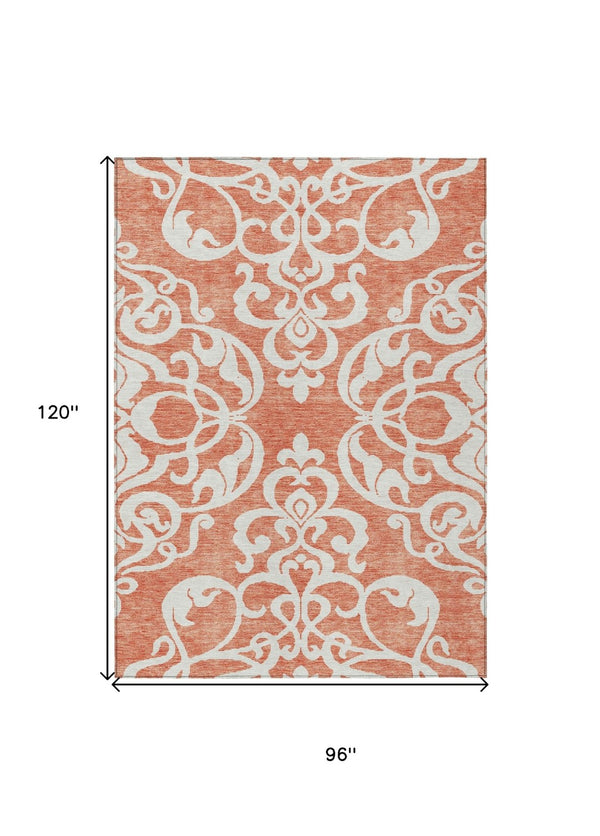 HomeRoots 5' Timeless Coral and Ivory Damask Area Rug – Washable, Durable Elegance for Indoor and Outdoor Spaces 8' X 10' 614422