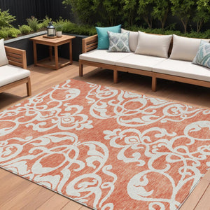 HomeRoots 5' Timeless Coral and Ivory Damask Area Rug – Washable, Durable Elegance for Indoor and Outdoor Spaces 8' X 10' 614422