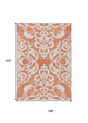 HomeRoots 5' Timeless Coral and Ivory Damask Area Rug – Washable, Durable Elegance for Indoor and Outdoor Spaces 9' X 12' 614423