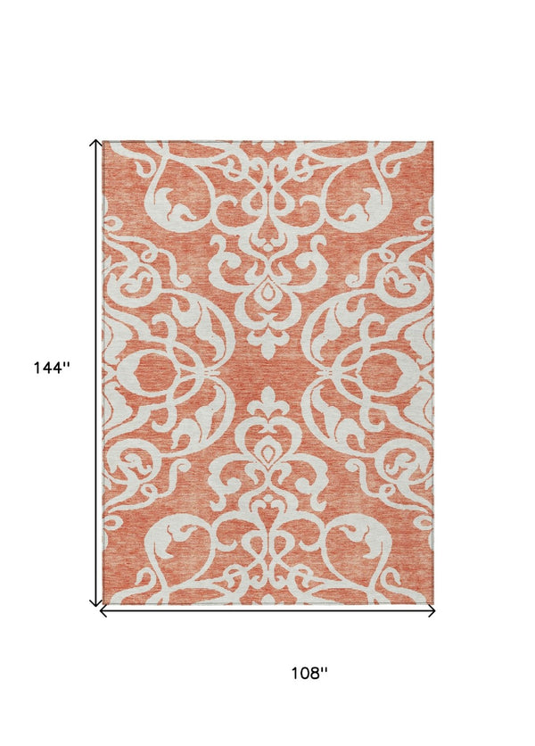 HomeRoots 5' Timeless Coral and Ivory Damask Area Rug – Washable, Durable Elegance for Indoor and Outdoor Spaces 9' X 12' 614423
