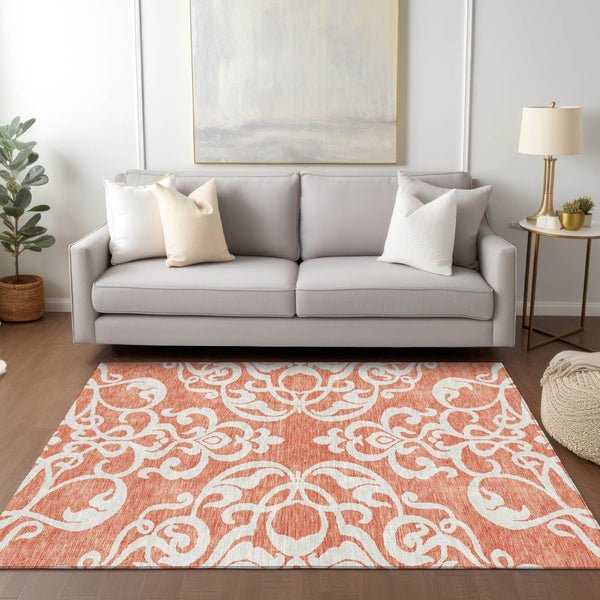 HomeRoots 5' Timeless Coral and Ivory Damask Area Rug – Washable, Durable Elegance for Indoor and Outdoor Spaces 9' X 12' 614423