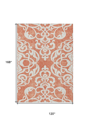 HomeRoots 5' Timeless Coral and Ivory Damask Area Rug – Washable, Durable Elegance for Indoor and Outdoor Spaces 10' X 14' 614424