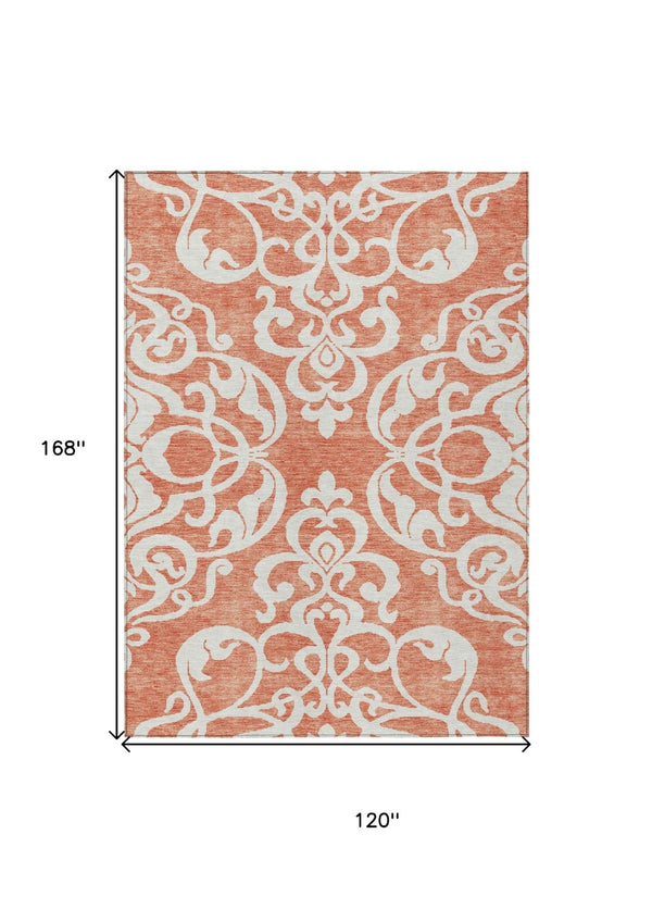 HomeRoots 5' Timeless Coral and Ivory Damask Area Rug – Washable, Durable Elegance for Indoor and Outdoor Spaces 10' X 14' 614424