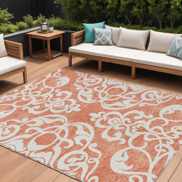 HomeRoots 5' Timeless Coral and Ivory Damask Area Rug – Washable, Durable Elegance for Indoor and Outdoor Spaces 10' X 14' 614424