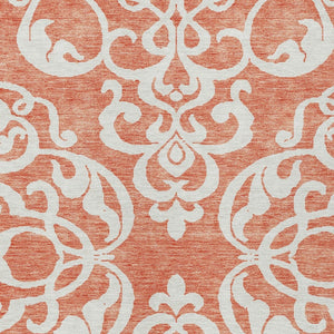 HomeRoots 5' Timeless Coral and Ivory Damask Area Rug – Washable, Durable Elegance for Indoor and Outdoor Spaces 10' X 14' 614424