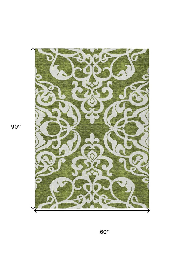 HomeRoots 5' Elegant Green and Ivory Damask Area Rug - Stylish, Washable, Indoor/Outdoor Durability for Every Space 5' X 8' 614426