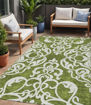 HomeRoots 5' Elegant Green and Ivory Damask Area Rug - Stylish, Washable, Indoor/Outdoor Durability for Every Space 5' X 8' 614426