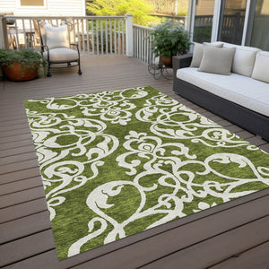 HomeRoots 5' Elegant Green and Ivory Damask Area Rug - Stylish, Washable, Indoor/Outdoor Durability for Every Space 5' X 8' 614426