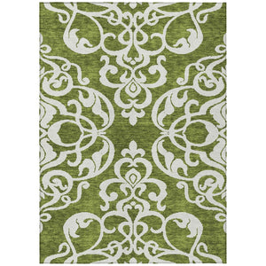 HomeRoots 5' Elegant Green and Ivory Damask Area Rug - Stylish, Washable, Indoor/Outdoor Durability for Every Space 5' X 8' 614426