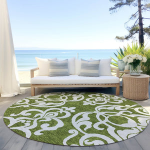 HomeRoots 5' Elegant Green and Ivory Damask Area Rug - Stylish, Washable, Indoor/Outdoor Durability for Every Space 8' Round 614427