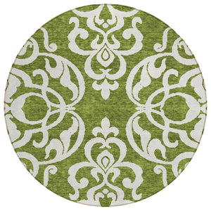 HomeRoots 5' Elegant Green and Ivory Damask Area Rug - Stylish, Washable, Indoor/Outdoor Durability for Every Space 8' Round 614427