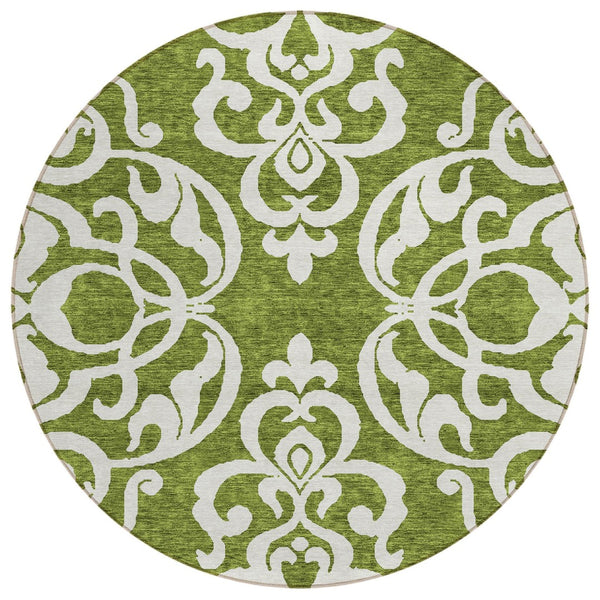 HomeRoots 5' Elegant Green and Ivory Damask Area Rug - Stylish, Washable, Indoor/Outdoor Durability for Every Space 8' Round 614427