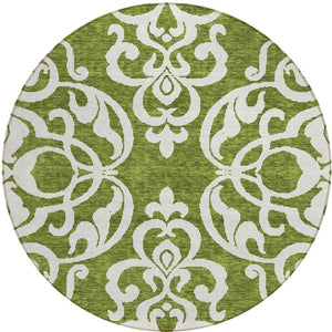 HomeRoots 5' Elegant Green and Ivory Damask Area Rug - Stylish, Washable, Indoor/Outdoor Durability for Every Space 8' Round 614427