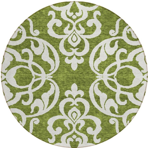 HomeRoots 5' Elegant Green and Ivory Damask Area Rug - Stylish, Washable, Indoor/Outdoor Durability for Every Space 8' Round 614427