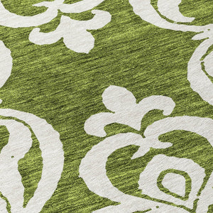 HomeRoots 5' Elegant Green and Ivory Damask Area Rug - Stylish, Washable, Indoor/Outdoor Durability for Every Space 8' Round 614427