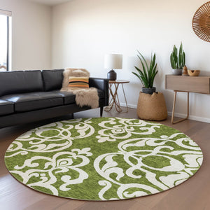 HomeRoots 5' Elegant Green and Ivory Damask Area Rug - Stylish, Washable, Indoor/Outdoor Durability for Every Space 8' Round 614427