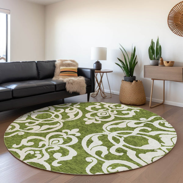 HomeRoots 5' Elegant Green and Ivory Damask Area Rug - Stylish, Washable, Indoor/Outdoor Durability for Every Space 8' Round 614427