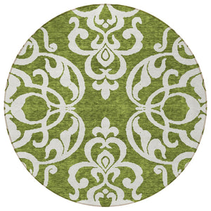 HomeRoots 5' Elegant Green and Ivory Damask Area Rug - Stylish, Washable, Indoor/Outdoor Durability for Every Space 8' Round 614427