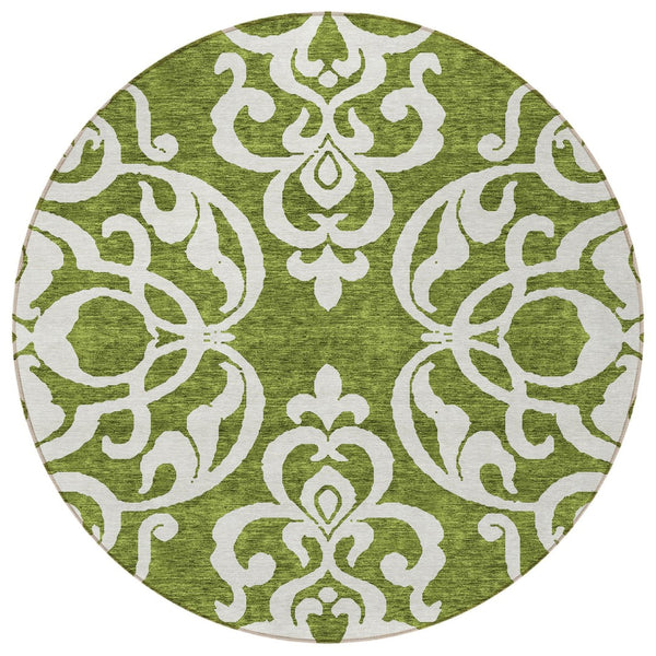 HomeRoots 5' Elegant Green and Ivory Damask Area Rug - Stylish, Washable, Indoor/Outdoor Durability for Every Space 8' Round 614427