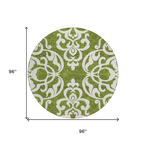 HomeRoots 5' Elegant Green and Ivory Damask Area Rug - Stylish, Washable, Indoor/Outdoor Durability for Every Space 8' Round 614427