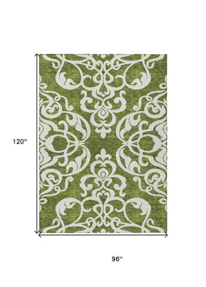 HomeRoots 5' Elegant Green and Ivory Damask Area Rug - Stylish, Washable, Indoor/Outdoor Durability for Every Space 8' X 10' 614428
