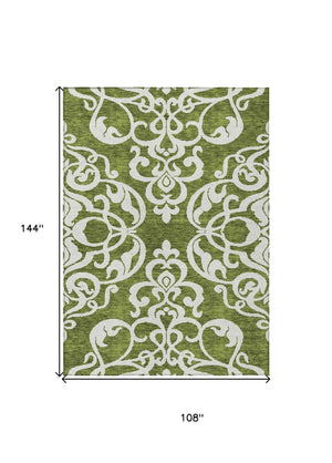 HomeRoots 5' Elegant Green and Ivory Damask Area Rug - Stylish, Washable, Indoor/Outdoor Durability for Every Space 9' X 12' 614429