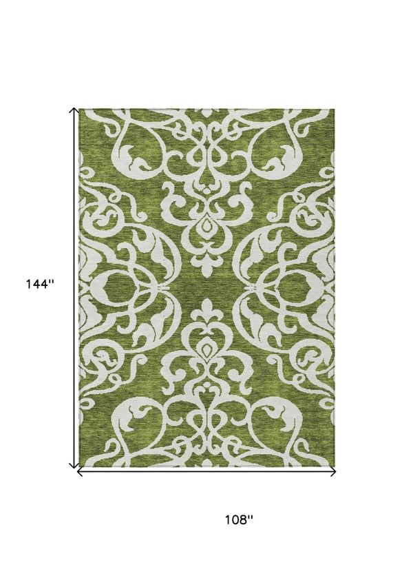 HomeRoots 5' Elegant Green and Ivory Damask Area Rug - Stylish, Washable, Indoor/Outdoor Durability for Every Space 9' X 12' 614429