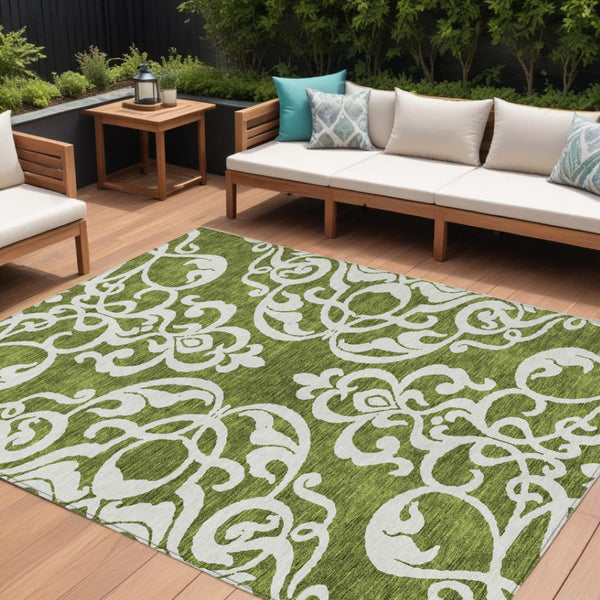 HomeRoots 5' Elegant Green and Ivory Damask Area Rug - Stylish, Washable, Indoor/Outdoor Durability for Every Space 9' X 12' 614429