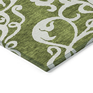 HomeRoots 5' Elegant Green and Ivory Damask Area Rug - Stylish, Washable, Indoor/Outdoor Durability for Every Space 9' X 12' 614429