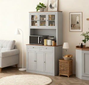 English Elm Convenient Floor to Ceiling Pantry Cabinet with Glass Doors Drawers and Microwave Stand T3971P428059