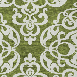 HomeRoots 5' Elegant Green and Ivory Damask Area Rug - Stylish, Washable, Indoor/Outdoor Durability for Every Space 10' X 14' 614430