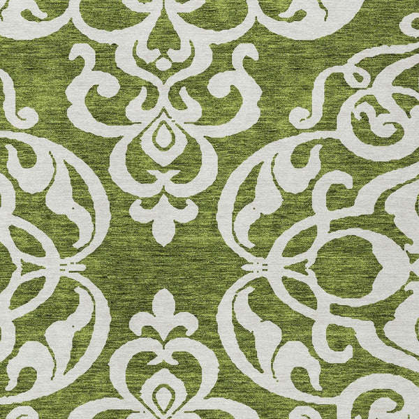 HomeRoots 5' Elegant Green and Ivory Damask Area Rug - Stylish, Washable, Indoor/Outdoor Durability for Every Space 10' X 14' 614430