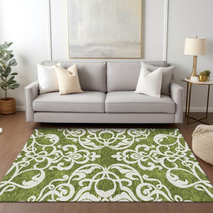 HomeRoots 5' Elegant Green and Ivory Damask Area Rug - Stylish, Washable, Indoor/Outdoor Durability for Every Space 10' X 14' 614430