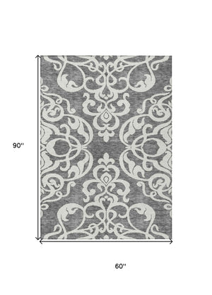 HomeRoots 5' Gray and Ivory Damask Area Rug – Elegant, Durable, Machine Washable for Indoor and Outdoor Spaces 5' X 8' 614432