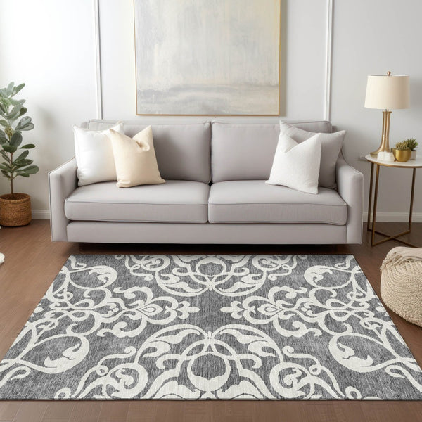 HomeRoots 5' Gray and Ivory Damask Area Rug – Elegant, Durable, Machine Washable for Indoor and Outdoor Spaces 5' X 8' 614432