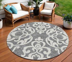 HomeRoots 5' Gray and Ivory Damask Area Rug – Elegant, Durable, Machine Washable for Indoor and Outdoor Spaces 8' Round 614433